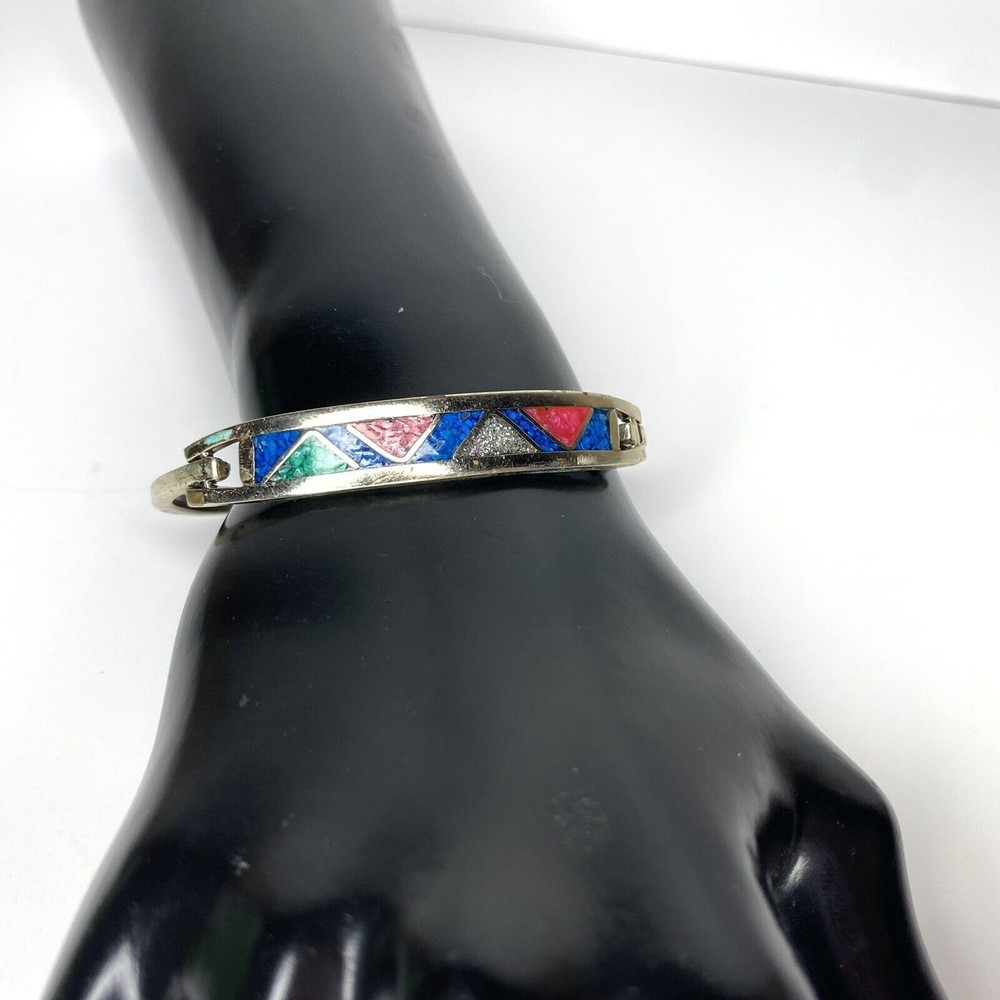 Mexico Alpaca Silver Bracelet Multi Color Inlay Southwestern Style Hinged Cuff